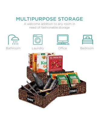 Set of 4 13in Woven Water Hyacinth Pantry Baskets w/ Chalkboard Label, Chalk Marker