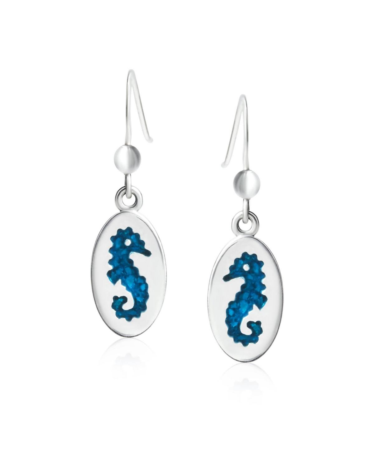 Bling Jewelry Sea Animal Nautical Beach Vacation Inlay Enamel Blue Oval Seahorse Dangling Earrings For Women .925 Sterling Silver Fish Hook - Silver b