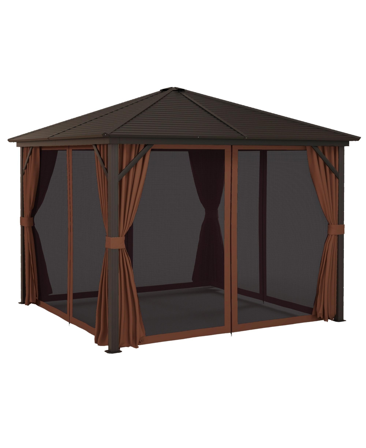 Outsunny 10' x 10' Aluminum Hardtop Gazebo Canopy with Hook, Curtains,- Dark brown