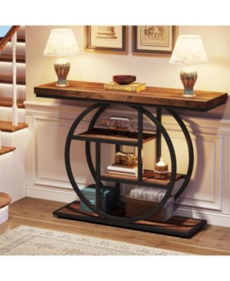 Industrial 4-Tier Console Table with Circle Base and Storage Shelves, 41.3-Inch Narrow Accent Sofa Table for Entryway or Living Room