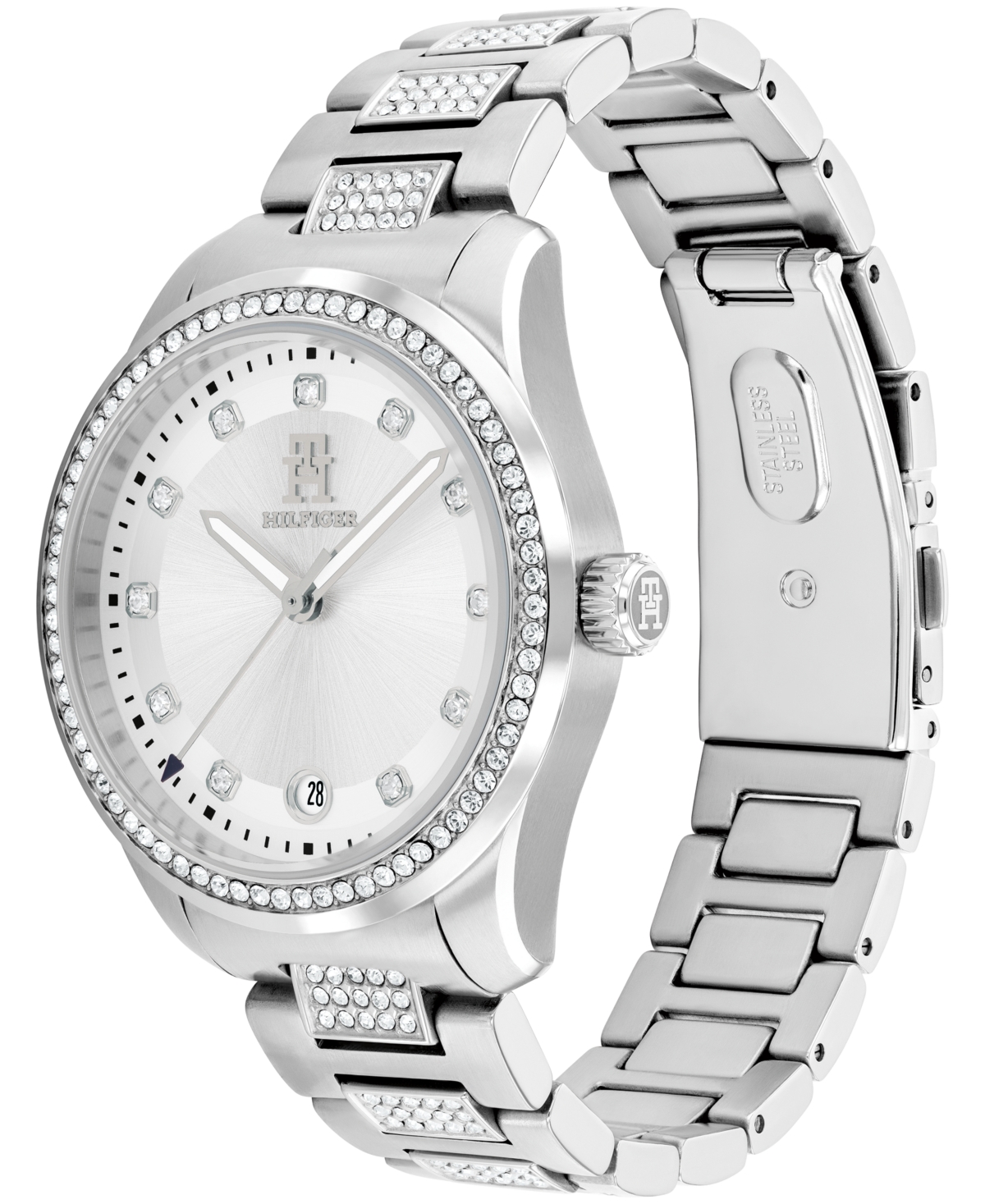 Tommy Hilfiger Women's Quartz Silver-tone Stainless Steel With Crystals Bracelet Watch 36mm In Silver And Crystals