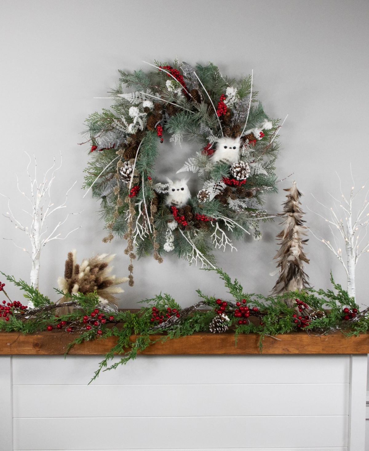 Northlight Snowy Pine Owls and Berries Artificial Christmas Wreath, 34" - Unlit