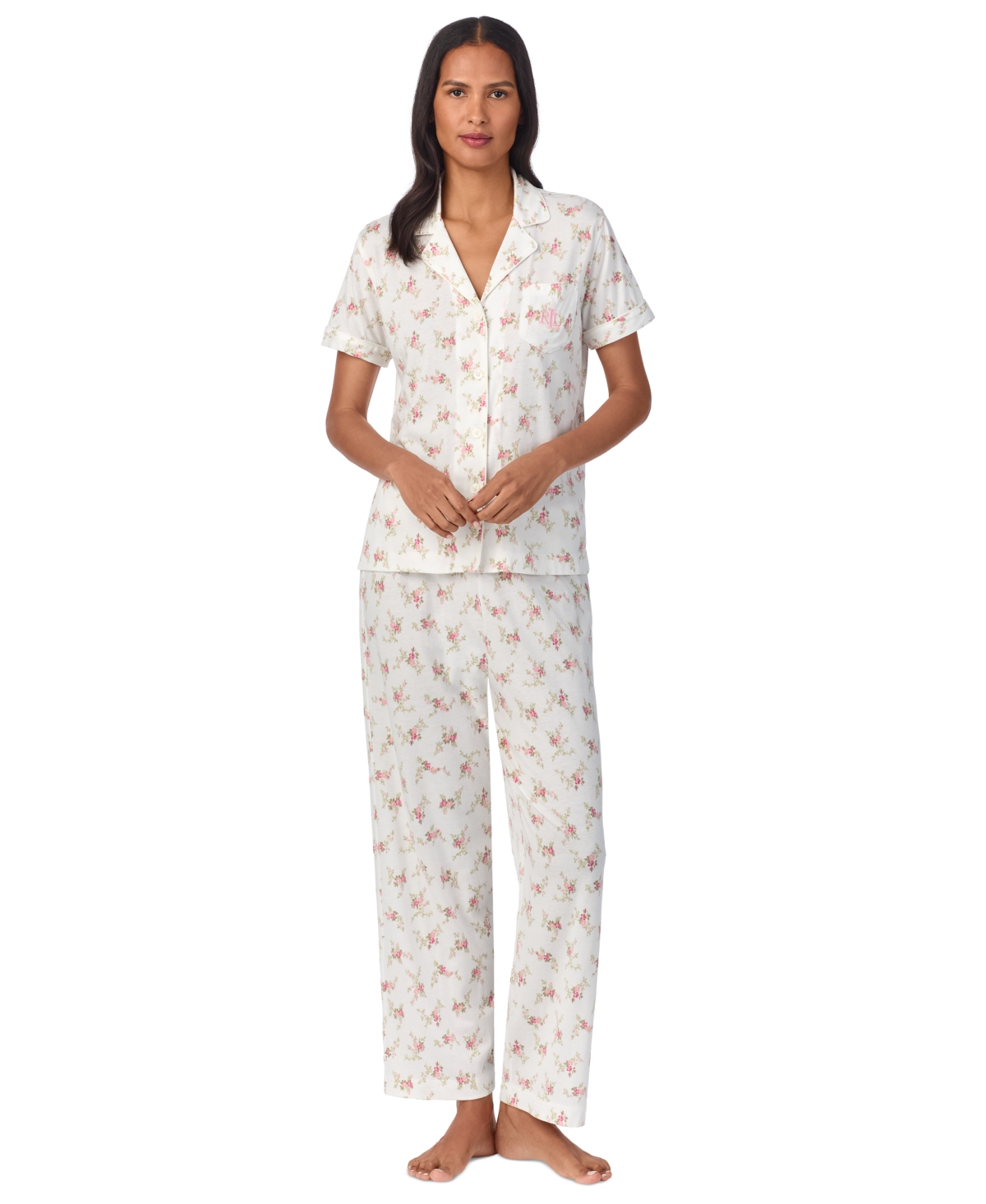 Shop Ralph Lauren Women's Floral Notched-collar Pajama Set In Ivory Floral