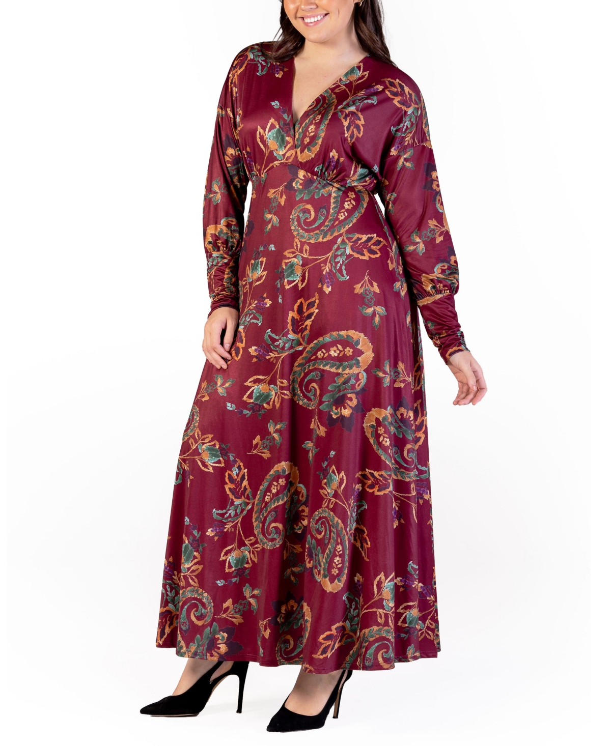 24seven Comfort Apparel Plus Size Bishop Sleeve Maxi Dress