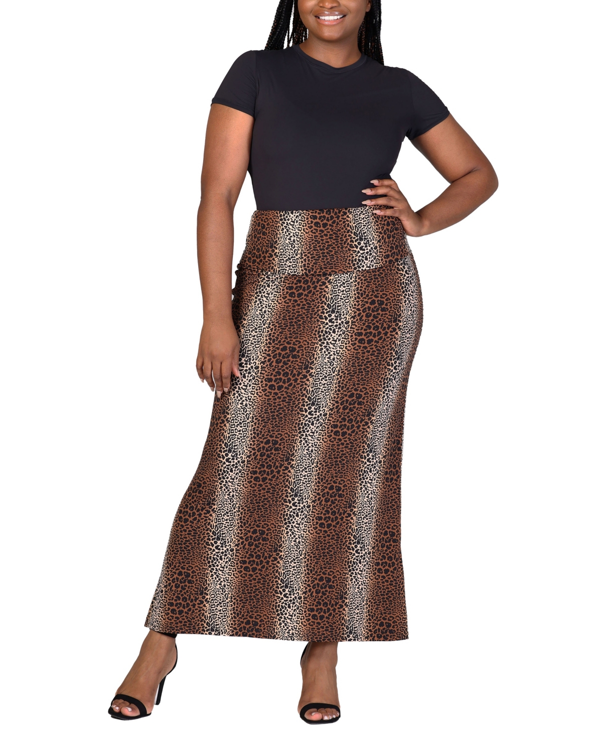 Shop 24seven Comfort Apparel Plus Size Fold Over Waist Printed Maxi Skirt In Brown Multi