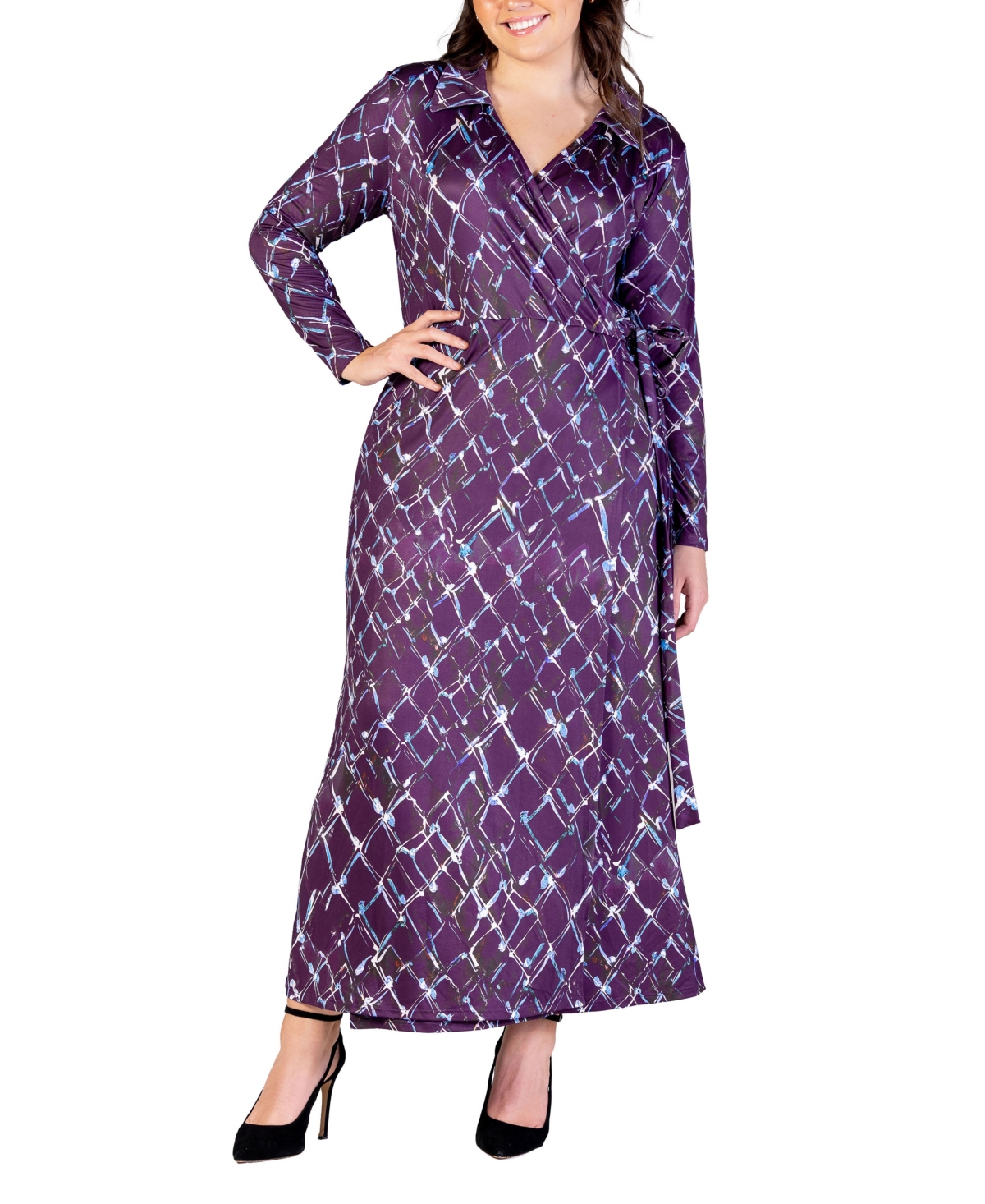 24seven Comfort Apparel Plus Size Collared Wrap Maxi Dress In Purple Multi