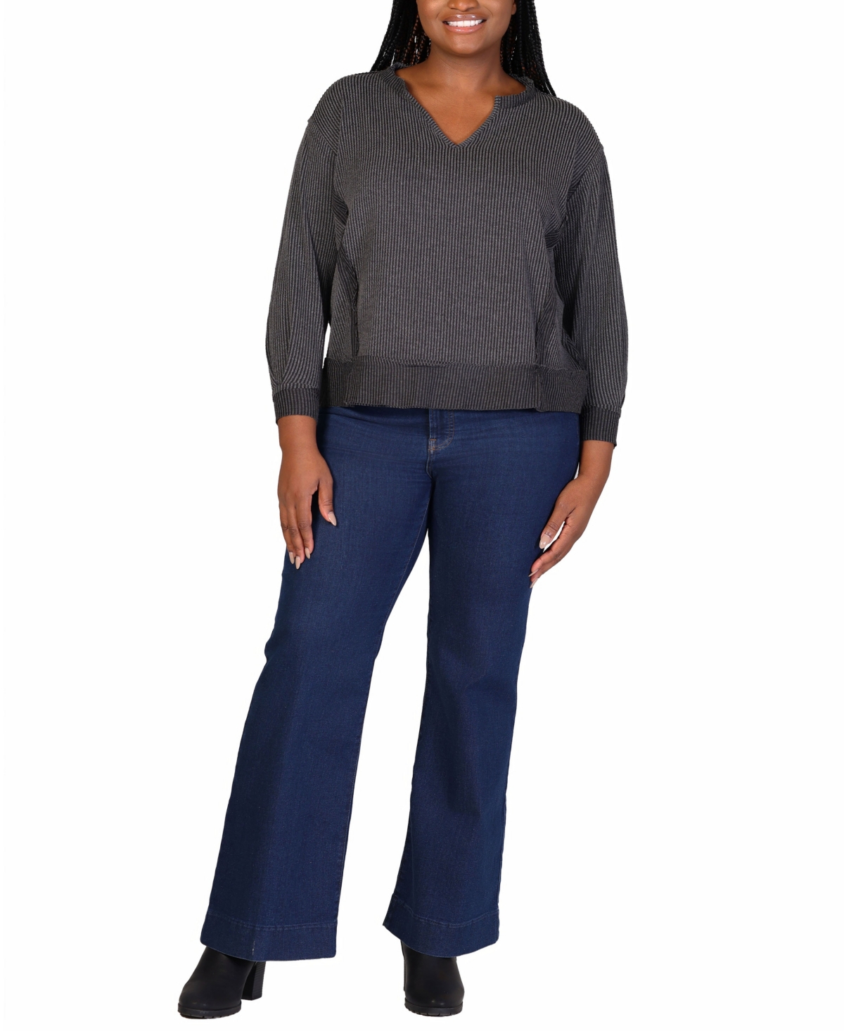 Shop 24seven Comfort Apparel Plus Size Relaxed Fit Rib Knit V-neck Top In Black