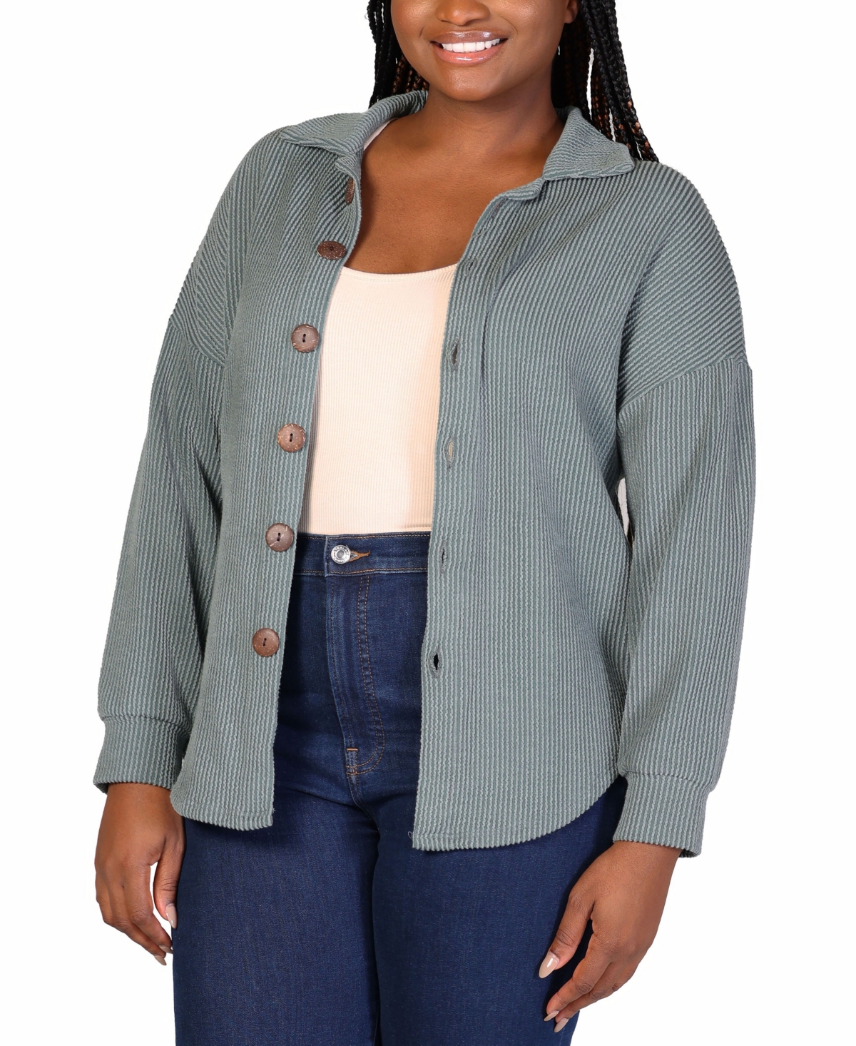 24SEVEN COMFORT APPAREL PLUS SIZE RIB BUTTON UP SHIRT JACKET 