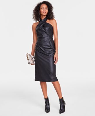 I.N.C. International Concepts - Women's Halter-Neck Faux-Leather Midi Dress