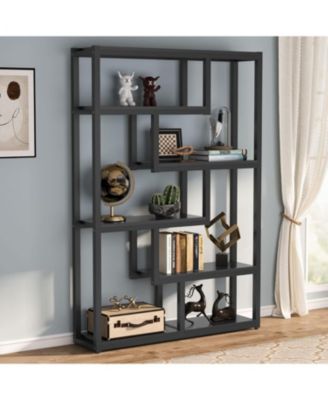 6-Shelf Industrial 69-Inch Tall Bookshelf with Staggered Display Shelves and Metal Frame Etagere Bookcase for Home Office