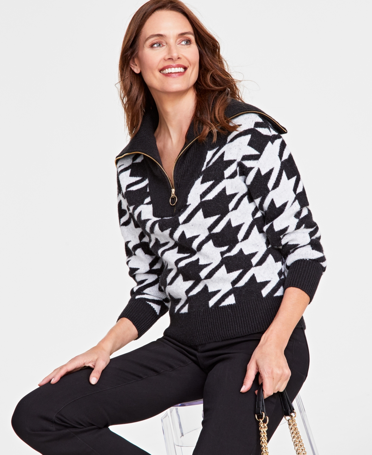 INC INTERNATIONAL CONCEPTS WOMEN'S HOUNDSTOOTH QUARTER-ZIP SWEATER, CREATED FOR MACY'S 