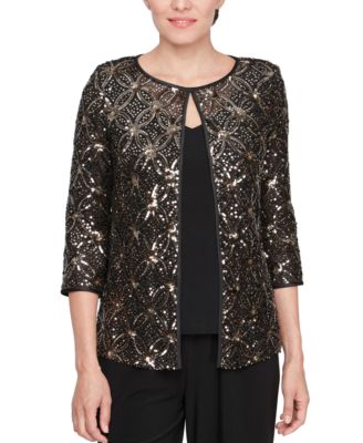Alex Evenings - Women's Sequinned Flyaway 3/4-Sleeve Top