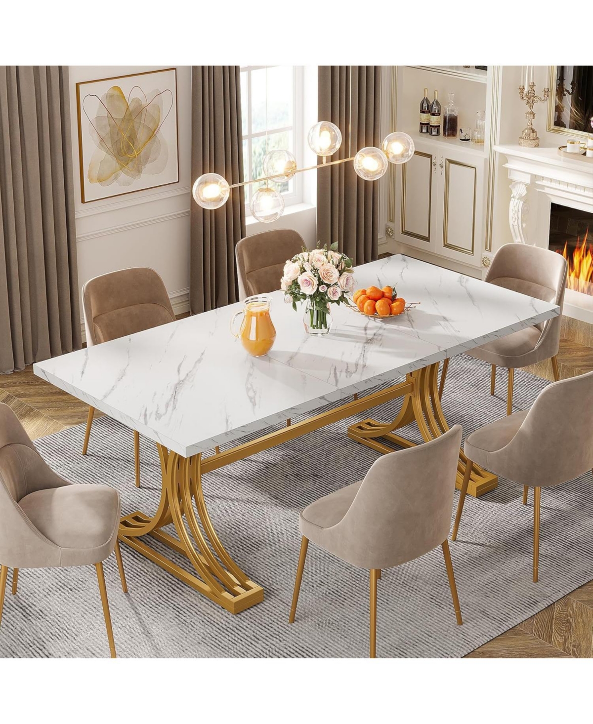 Tribesigns 63-Inch Rectangular Dining Table for 4 to 6, Kitchen Tables for Dining Room, Modern Dinner Table with Faux Marble Table Top and Stylish Met