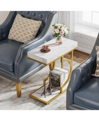 Narrow Side Table White Gold Side Table C Shaped End Table Modern Bedside Table Small Side Table for Couch, Sofa Table with Metal Frame for Living Room