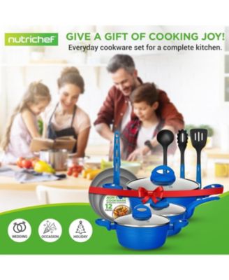 Kitchenware Pots & Pans Set - Stylish Kitchen Cookware, Non-Stick Coating Inside & Outside + Heat resistant Lacquer Outside, Light Gray Inside and Blue Outside (12-Piece Set)