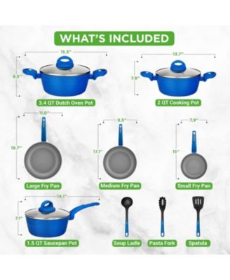 Kitchenware Pots & Pans Set - Stylish Kitchen Cookware, Non-Stick Coating Inside & Outside + Heat resistant Lacquer Outside, Light Gray Inside and Blue Outside (12-Piece Set)