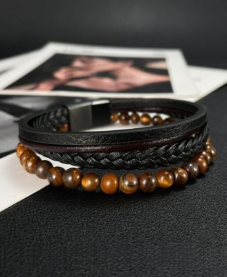 Black Tigers Eye Weaved Leather Stainless Steel Bracelet