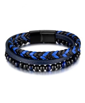 Blue Tigers Eye Weaved Leather Stainless Steel Bracelet