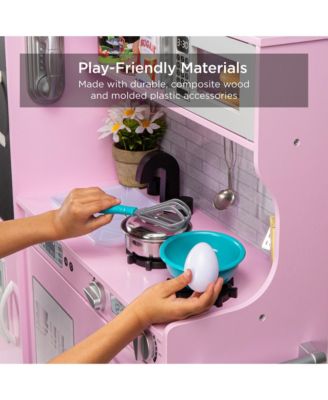 Pretend Play Kitchen Wooden Toy Set for Kids w/ Telephone, Utensils, Oven, Microwave