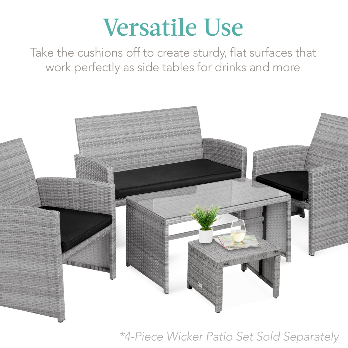 Best Choice Products Set of 2 Multipurpose Patio Wicker Ottomans w/ Removable Cushions, Steel Frame -black