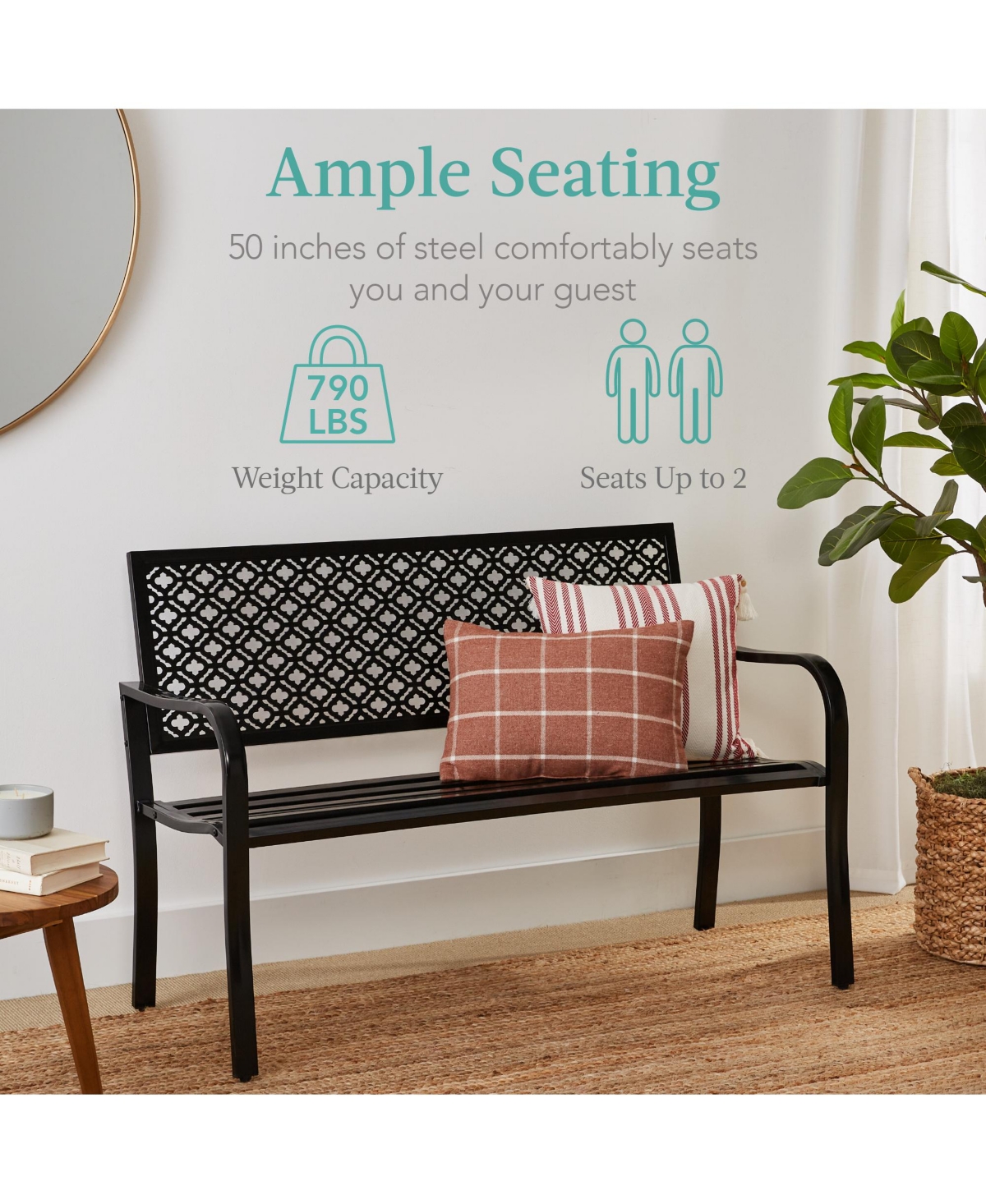 Best Choice Products Indoor Outdoor Steel Garden Bench w/ Geometric Backrest, Foot Levelers