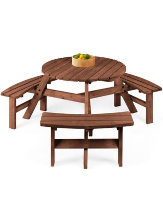 6-Person Circular Outdoor Wooden Picnic Table with 3 Built-In Benches, Umbrella Hole