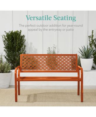 Indoor Outdoor Steel Garden Bench w/ Geometric Backrest, Foot Levelers