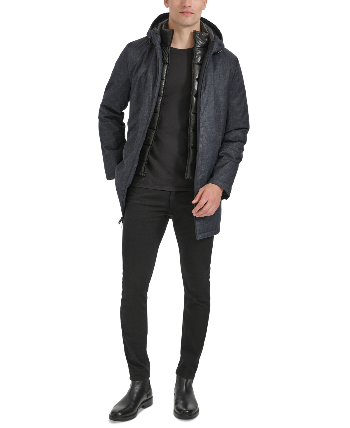 Kenneth Cole Men's Water-Resistant Hooded Stadium Coat with Removable Puffer Bib