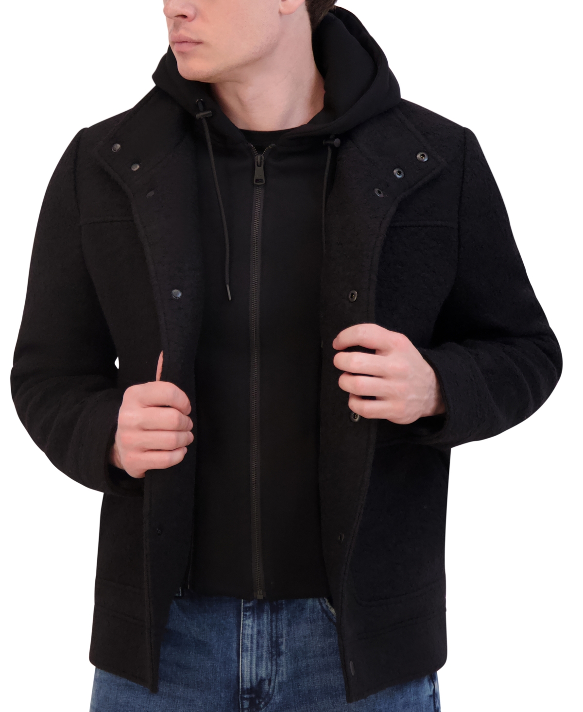 Kenneth Cole Men s Stand Collar Hooded Bib Boucle Coat In Black ModeSens