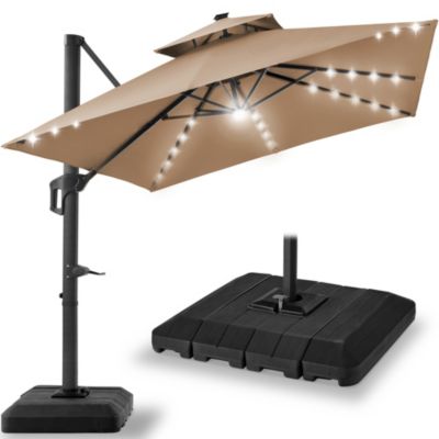 10x10ft 2-Tier Square Outdoor Solar LED Cantilever Patio Umbrella w/ Base Included