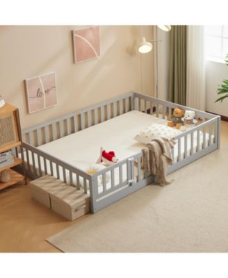 Grey Painted Pine Full Fence Bed with Door and Board for Kids