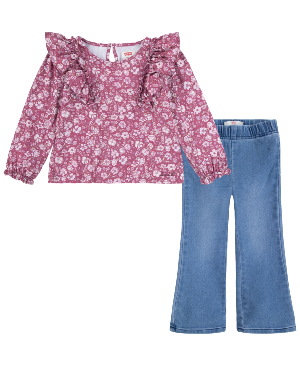LEVI'S BABY GIRLS RUFFLE LONG SLEEVE TOP AND FLARE PANT, 2-PIECE SET 