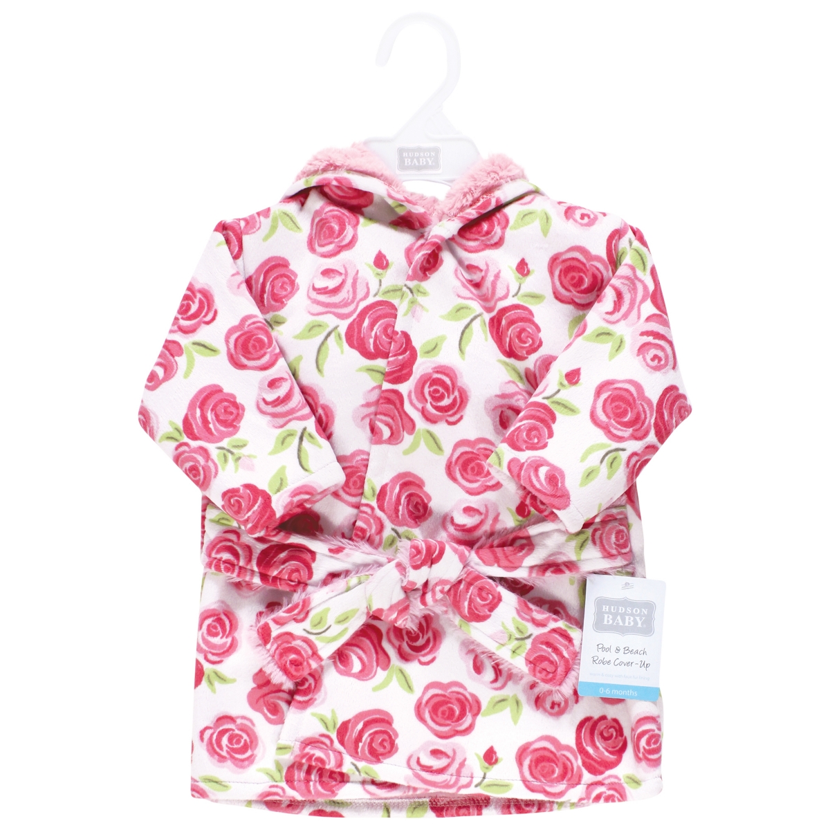 Hudson Baby Baby Girls Mink with Faux Fur Lining Pool and Beach Robe Cover-ups, 0-6 Months - Pink roses