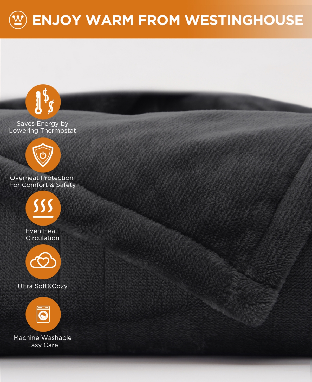 Westinghouse Heated Flannel Blanket, Twin In Charcoal