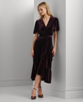 Lauren Ralph Lauren Women's Belted Velvet Flutter-Sleeve Dress - Royal Claret Velvet