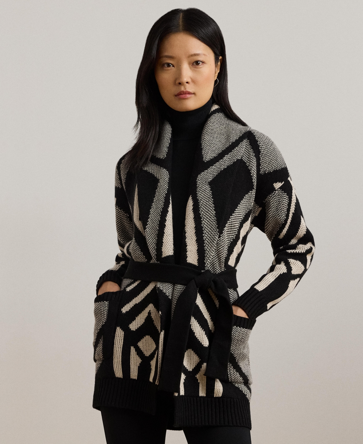 Lauren Ralph Lauren Women's Geo-Motif Belted Wool-Blend Cardigan -Mascarpone Cream
