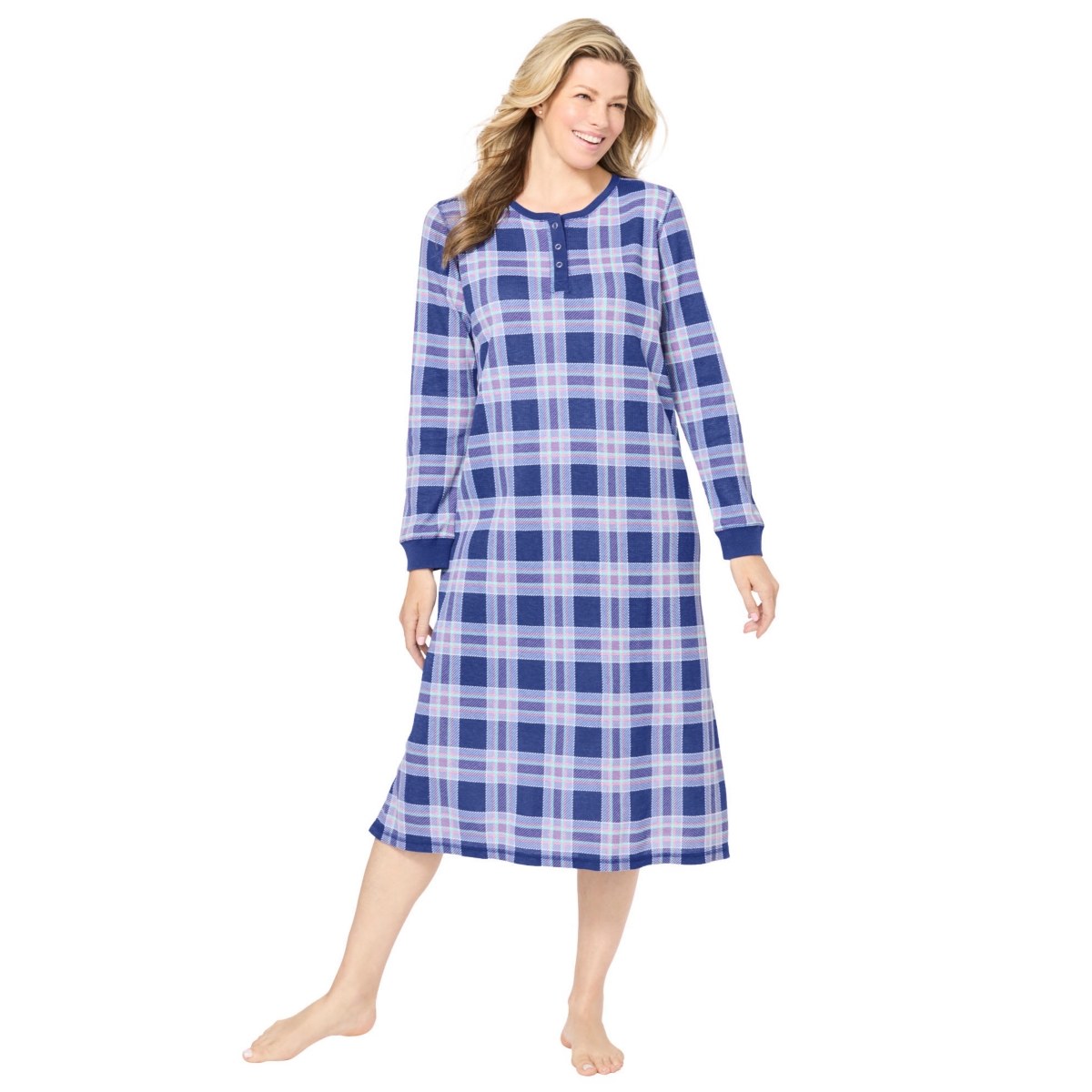 Women's Plus Size Thermal Henley Nightgown - Ultra blue plaid