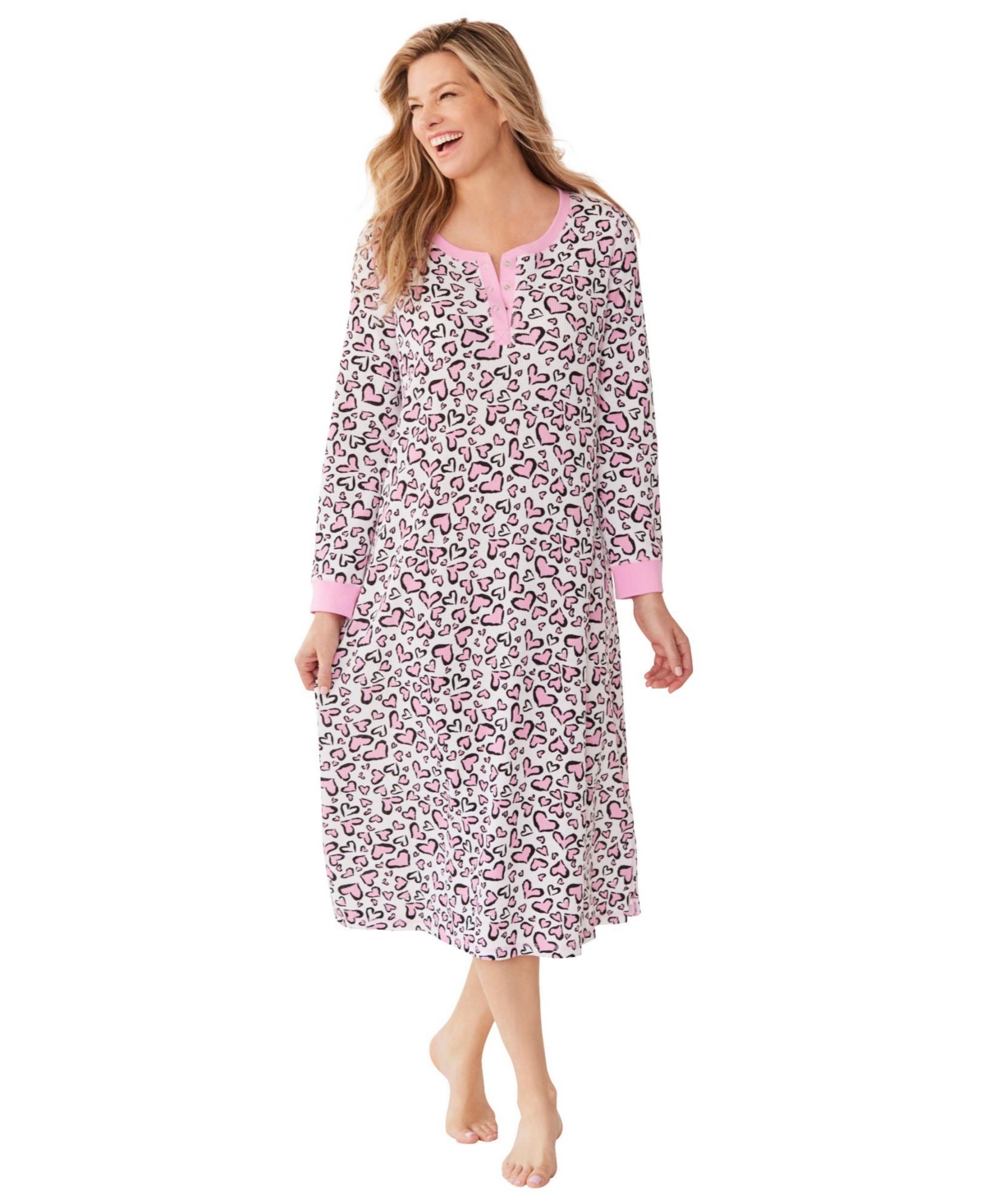 Women's Plus Size Thermal Henley Nightgown - Pink animal hearts