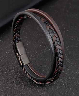 Black Sentinel Leather Strap Stainless Steel Bracelet