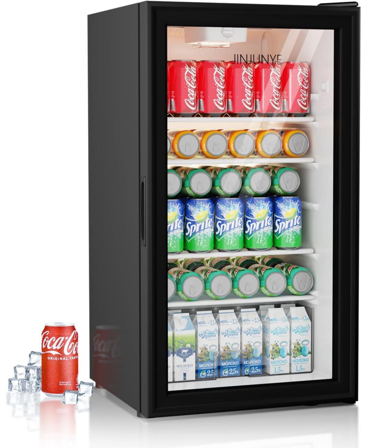 Jinjunye Beverage Refrigerator Cooler, 128 Can 3.2Cu.ft Mini Fridge, Refrigerator Glass Door for Beer Drinks Soda Wine, Beverage Fridge with Adj