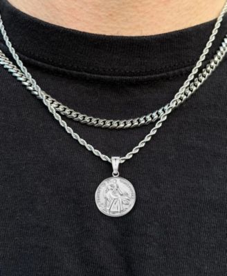 Silver Stainless Steel Saint Christopher Coin Pendant Necklace