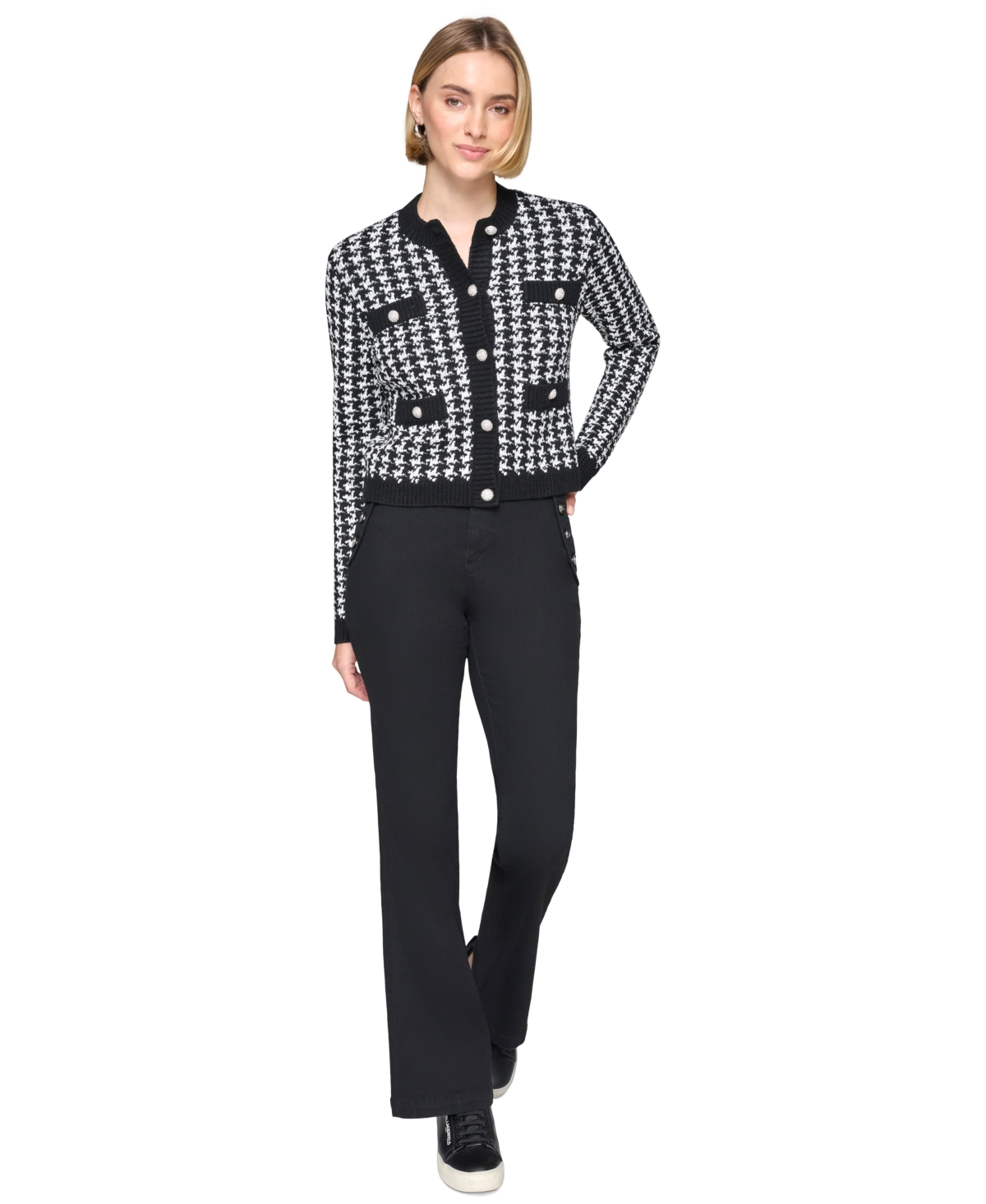 Karl Lagerfeld Paris Women's Houndstooth Cardigan - Black  Soft White