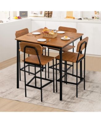 5-Piece Industrial Dining Table Set with Counter Height Table and 4 Bar Stools-Walnut