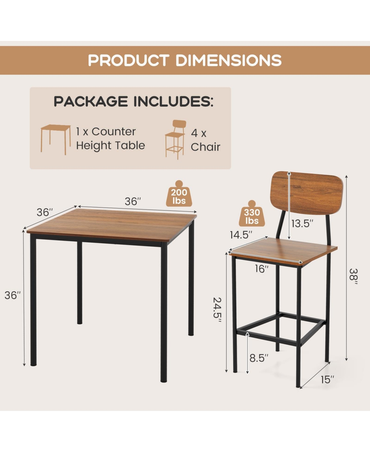 Sugift 5 Pieces Industrial Dining Table Set with Counter Height Table and 4 Bar Stools-Dark Brown