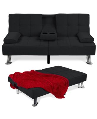 Modern Linen Convertible Futon Sofa Bed w/ Removable Armrests, Metal Legs, Cupholders