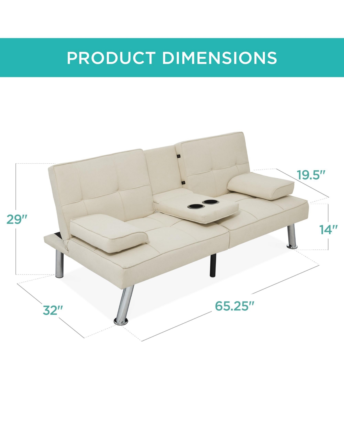 Best Choice Products Modern Linen Convertible Futon Sofa Bed w/ Removable Armrests, Metal Legs, Cupholders