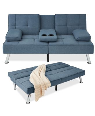 Modern Linen Convertible Futon Sofa Bed w/ Removable Armrests, Metal Legs, Cupholders