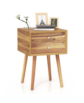 2PCS Wooden Nightstand Mid-Century End Side Table W/2 Storage Drawers