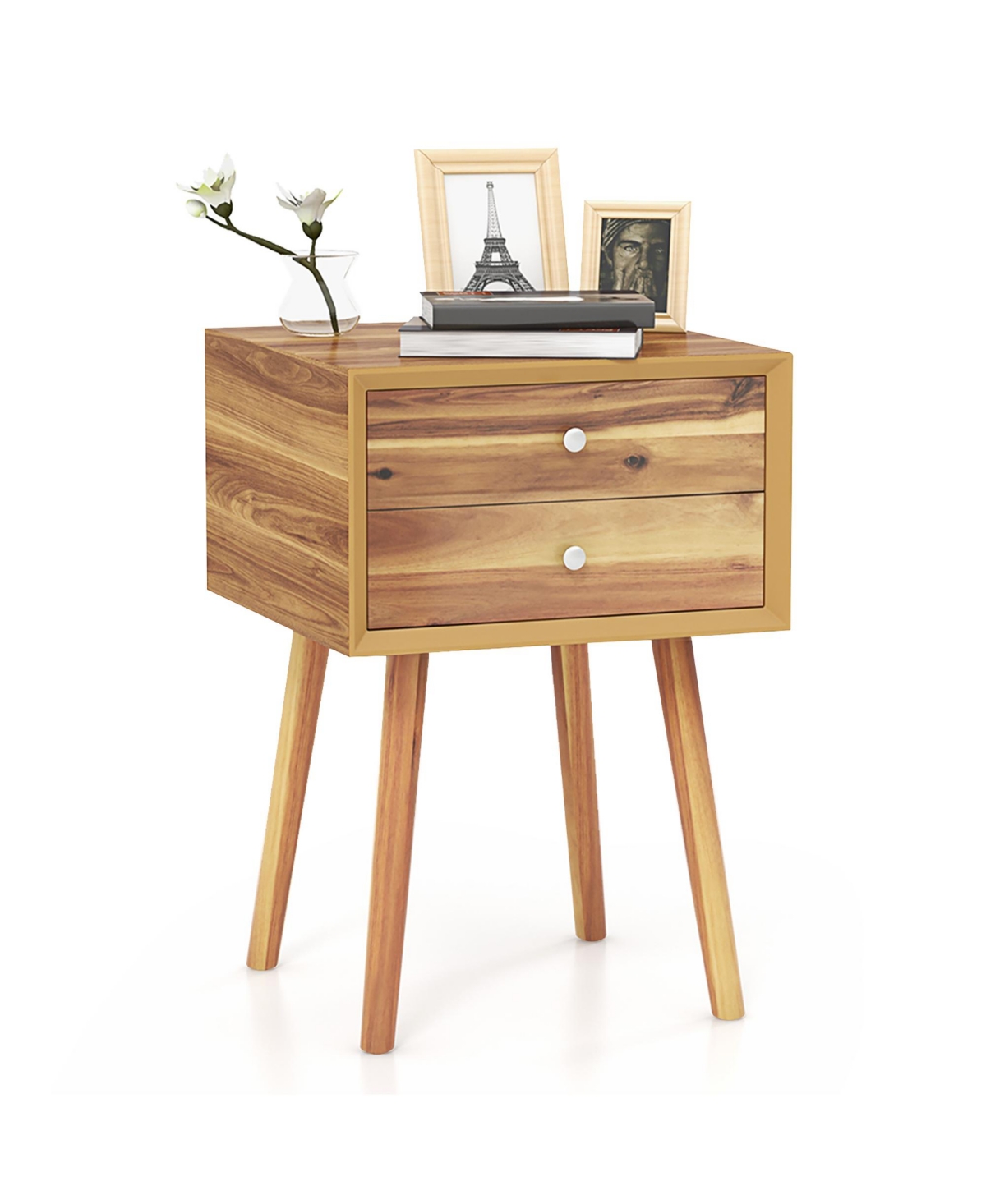 Gymax 2PCS Wooden Nightstand Mid-Century End Side Table W/2 Storage Drawers- Natural