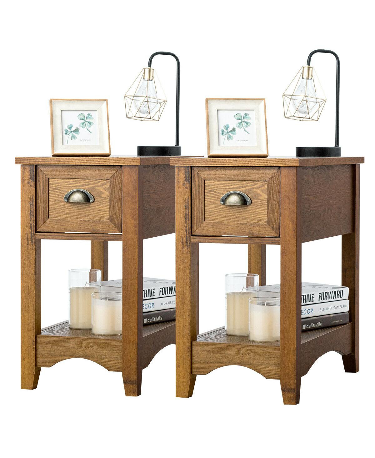 Gymax Set of 2 Contemporary Side End Table Compact Table w/ Drawer Nightstand Tawny